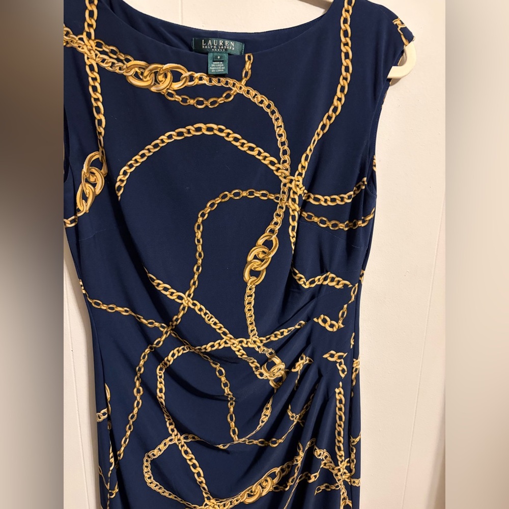 Ralph Lauren Navy Dress with Gold Chain Pattern - Picture 3 of 6